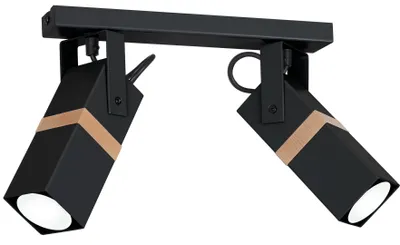 A black track light fixture with two adjustable spotlights, featuring wooden accents.