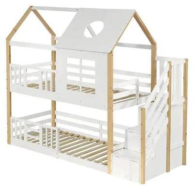 Productafbeelding van Stapelbed - Kinderbed met opbergruimte in de trap - 90 x 200 cm - Valbeveiligingsnet - Ontwerp met raamdetails - Dakontwerp - Wit/Natuurlijk