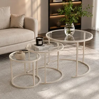 Productafbeelding van Skye Decor, hoogwaardige set van drie bijzettafels - Beige, 100% glas, 100% metaal