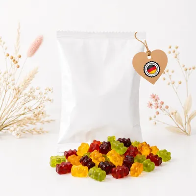 Produktbild von Fruchtgummi-Päckchen Blanko, Weiß Glänzend zum Selbstgestalten25 Stück