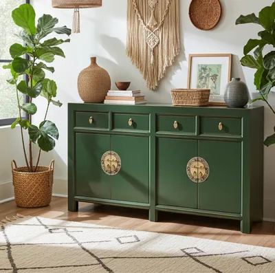 Image de Buffet Commode Armoire Buffet Meubles asiatiques en bois vert chinois asiatique style vintage entièrement monté