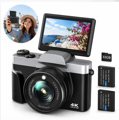 Produktbild von Digitalkamera mit Wi-Fi,unterstützt4K64MP Videoaufnahme,3-Zoll 180°Klappbildschirm,Autofokus, 16-fach Digitalzoom,mit 2 Akkus u 32GB Speicherkarte