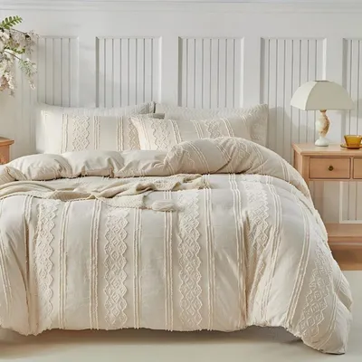 Zdjęcie produktu dla Komplet pościeli, 220x240 cm, beżowy, wzór: etniczne, geometryczne pasy, zawiera: 1 prześcieradło i 2 poszewki na poduszki