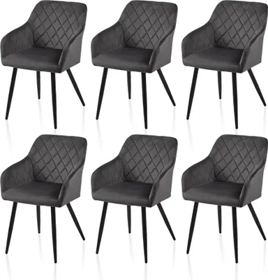 Six gray velvet dining chairs are arranged in two rows of three against a white background.