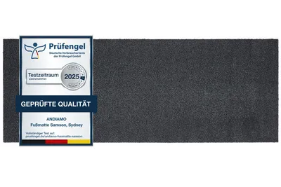 Baumwoll-Fußmatte in Anthrazit, ca. 67 x 180 cm, mit Testsiegel – Blattschuss.

