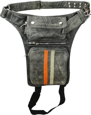 Produktbild von Alpha Speeds Beintasche/Bauchtasche aus 100% Rindleder für Motorrad/Biker und Freizeit, handgefertigt mit YKK Metall-Reißverschlüssen & verstellbarem Gurt – Antik Grau mit Orange/Beige Streifen