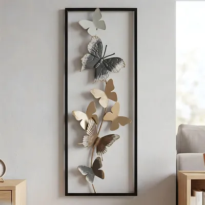 Produktbild von 3D Wanddeko "Schmetterlinge" aus Metall, schwarz & gold, 20x50 cm, Wandbild, Wandschmuck, Metallbild
