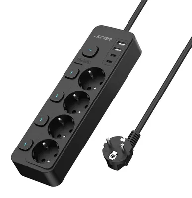 Zdjęcie produktu dla Listwa zasilająca z portami USB - 4 gniazda - 2 porty USB-A i 2 porty USB-C - Z włącznikiem/wyłącznikiem - Kabel o długości 2 metry - Czarna