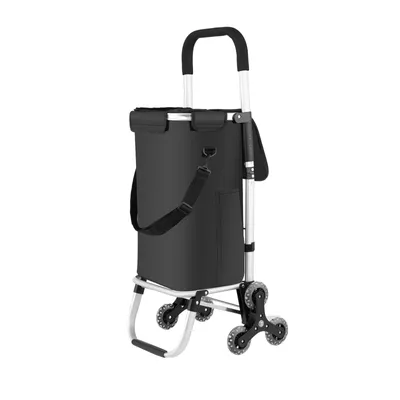 A black shopping trolley with silver accents and wheels, shown against a white background.