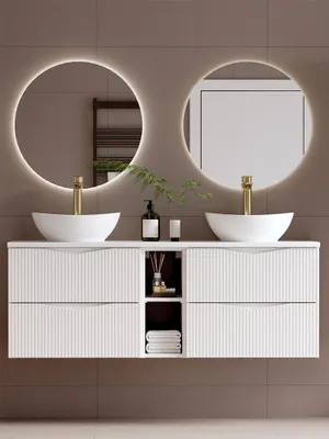 Produktbild von Badmöbel-Set 3-teilig mit 140 cm Doppelwaschtisch & 2 LED-Spiegeln in weiß mit gerillter Front - CALURI-140