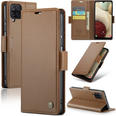 Collage of a brown leather wallet-style phone case for a Samsung Galaxy A12, showing different angles and features.