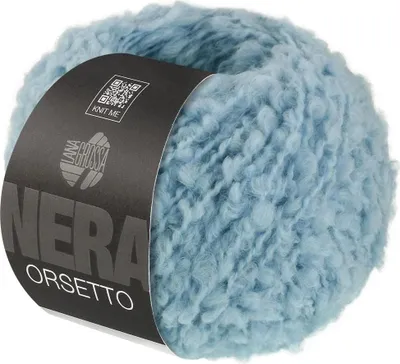 A ball of blue yarn with a black label.