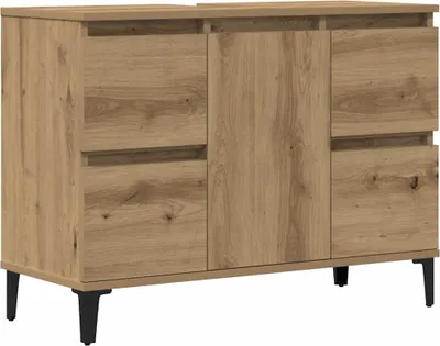 A product shot of a wooden cabinet with black legs against a white background.