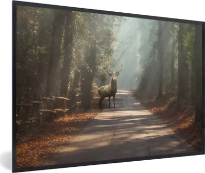 Produktbild von MuchoWow® Gerahmtes Poster Hirsche - Wald - Sonnenstrahlen 30x20 cm - Poster mit Schwarzem Bilderrahmen Wandposter Rahmen Foto Bilder - Kunstdruck - Bild-Poster