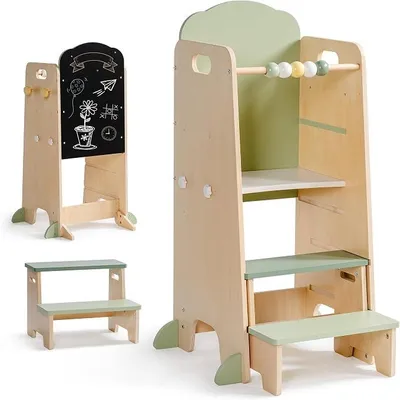 Imagen del producto de Torre de aprendizaje Montessori de madera para niños, 2 en 1, con pizarra