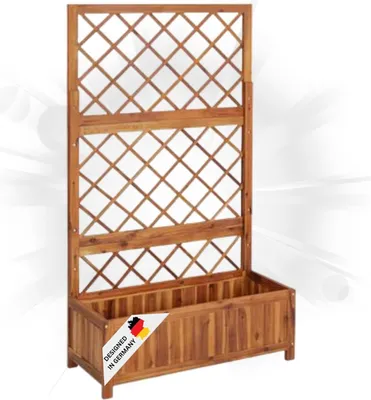 Produktbild von DELUKE® Pflanzkasten mit Spalier WELA | Akazienholz massiv, 150x85x38cm | Spalier mit Blumenkasten Hochbeet mit Rankgitter Rankkasten Gartenspalier Rankhilfe mit Blumenkübel