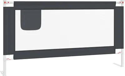 A dark gray fabric bed rail with a white mesh center and gray fabric pocket on the left side, supported by white poles with red connectors.