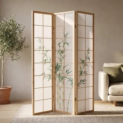 Produktbild von Homestyle4u Paravent Raumteiler 3 teilig Holz Natur Reispapier Weiß Bambus Motiv Grün Indoor
