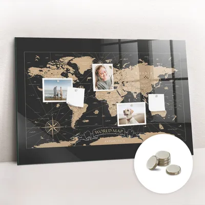 Obrázek produktu pro Magnetická Tabule na Zeď Skleněná - Memo Board Kleněnou Přední Stranou - 5 magnetů v balení - 90x60 cm - Vintage mapa světa