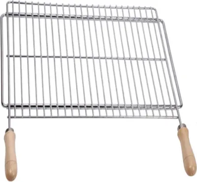 A metal grill rack with wooden handles against a white background.