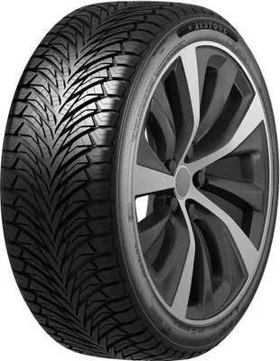 A close-up studio shot of a car tire mounted on a wheel.