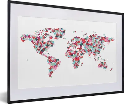 Produktbild von MuchoWow® Gerahmtes Poster Weltkarte - Farben - Schmetterlinge - Kinder - Jungen - Mädchen 60x40 cm - Poster mit Schwarzem Bilderrahmen Wandposter Rahmen Foto Bilder - Schlafzimmer - Plakat in Rahmen - Drucken