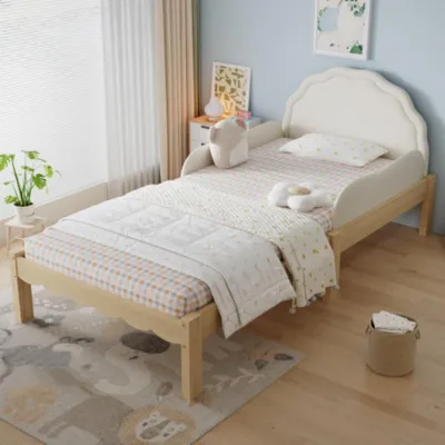 Produktbild von Kinderbett, Polsterbett Einzelbett, Seitliche Geländer, Stabiler Lattenrost, Holzrahmen 90x200cm