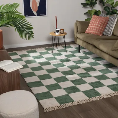 Produktbild von Volero - Teppich Kariert - Blox Fringe Grün Weiß - 140x200 cm - Wohnzimmer, Kinderzimmer, Schlafzimmer, Jugendzimmer - Retro