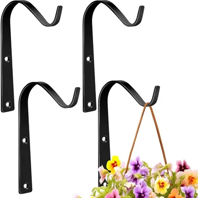 Productafbeelding van Set van 4 metalen plantenhaakjes, wandbevestiging, wandhaken, voor het ophangen van bloemenbakken, planten, decoratie, tuin, zwarte wandmontage