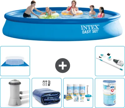 Produktbild von Intex runder aufblasbarer Easy Set-Schwimmpool – 457 x 84 cm – Blau – inklusive Pumpe Sonnensegel - Wartungspaket - Filter - Bodenplane - Staubsauger