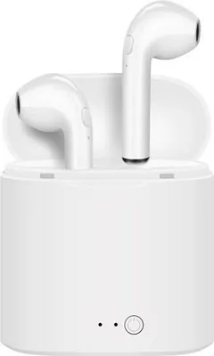 A pair of white wireless earbuds and their charging case are displayed against a white background.