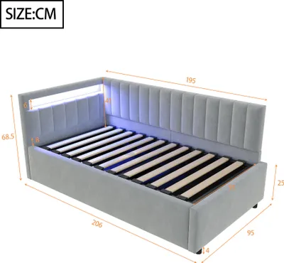 Image de OKWISH Lit Banquette Coffre 90x200 cm avec Rangement Hydraulique et LED, Velours Gris Clair - Sans Matelas