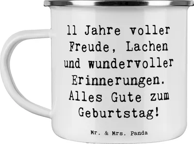 Produktbild von Mr. & Mrs. Panda Emaille Tasse Spruch 11. Geburtstag - Weiß - Geschenk, Freude, herzliche Wünsche, Outdoor, Pott, Teetasse, Alter, Geburtstagsgeschenk, Kreativität