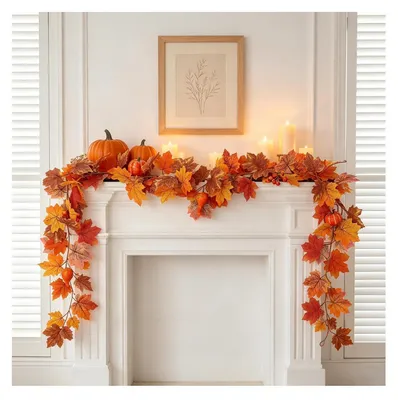 Produktbild von Herbstgirlande 160cm mit Ahornblättern, Kürbissen und Beeren, Künstliche Deko für Halloween & Erntedankfest, Beige