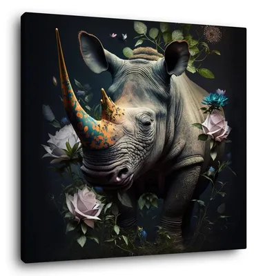 Image de Tableau sur toile rhinocéros fleuri 30x30 cm, Tableau mural moderne pour décoration intérieure