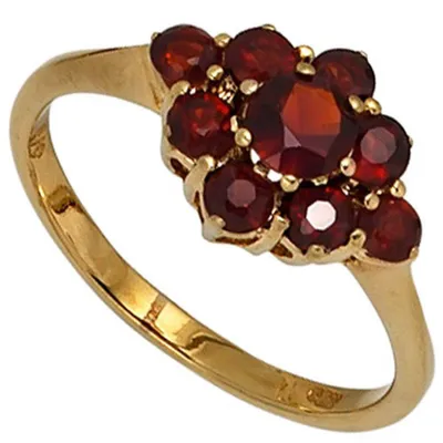 Produktbild von Ring Damenring Blume aus Granat rot dunkelrot 375 Gold Gelbgold Damen Innenumfang 60mm  Ø19.1mm