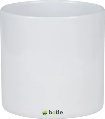 A white ceramic cylinder pot with a small logo and text at the bottom.