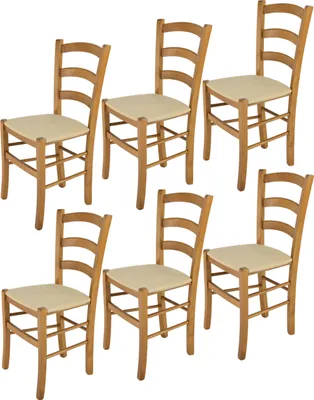 Produktbild von t m c s Tommychairs - 6er Set Stühle VENICE für Küche und Esszimmer, robuste Struktur aus lackiertem Buchenholz Farbton Eichenholz und gepolsterte Sitzfläche mit STOFF Farbe Hanf bezogen