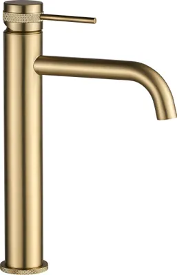 A studio shot of a gold-colored faucet.