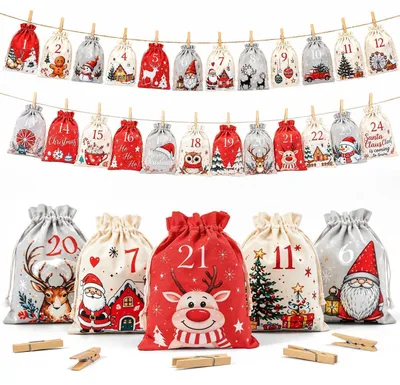 Produktbild von Adventskalender zum Befüllen 24 Stoffbeutel 15x20 cm mit Holzklammern & Schnur Rot Grau Beige 2026