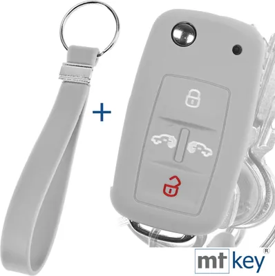 Produktbild von Auto Schlüssel Silikon Schutz Hülle + Schlüsselband Grau Kompatibel mit VW Multivan Sharan T5 T6 Caddy Seat Alhambra 4 Tasten Klappschlüssel