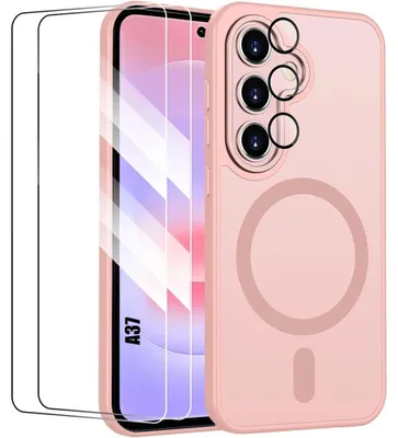 Image de Coque + 2 Verres Trempés pour Samsung Galaxy A37 5G, avec Anneau Magnétique Protection Caméra -Rose