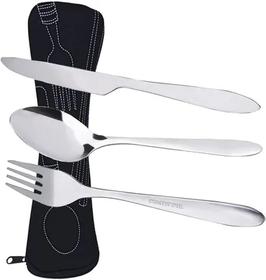 Imagen del producto de Juego de cubiertos de acero inoxidable, de 3 piezas, con estuche , ideal para camping y picnics