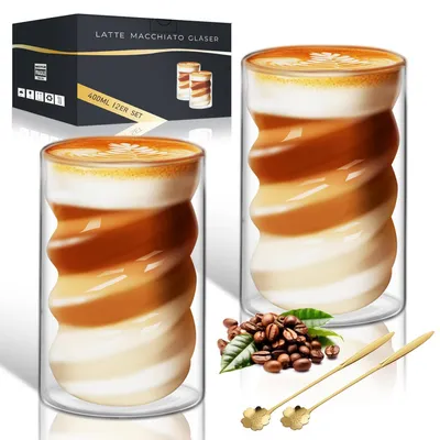 Produktbild von Latte Macchiato Gläser 400ml 2er Set Doppelwandig Borosilikatglas mit 2 Löffeln
