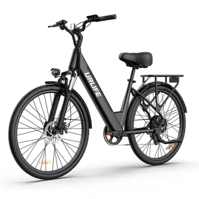 A black electric bicycle is shown against a white background.