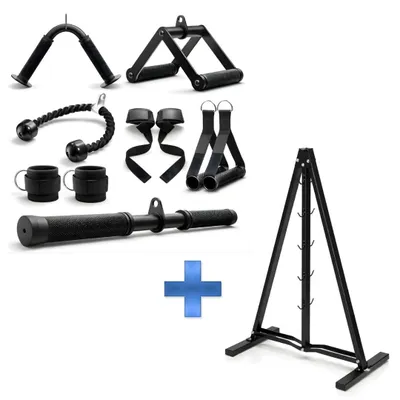 Image de Kit d'accessoires pour poulie PH Fitness, 7 pièces, avec support en A – Kit complet et professionnel d'accessoires et de rangement pour salle de sport à domicile et studio