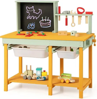 Imagen del producto de Banco de herramientas para niños, mesa de juego de madera con pizarra y 2 cajas de almacenamiento, taller de trabajo Montessori con 16 accesorios para niños a partir de 3 años