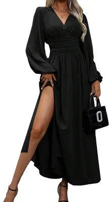 Image de Robe longue pour femmes, avec décolleté en V et manches longues