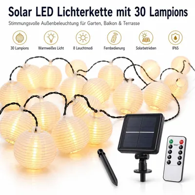 Produktbild von Solar Lichterkette 30 LED Lampions warmweiß – 6,5 m Garten Lichterkette mit Solarpanel, Fernbedienung & 8 Lichtmodi, Outdoor Deko für Balkon, Terrasse