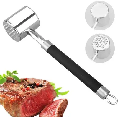 Produktbild von Ibenzoa® Doppelseitiger Fleischklopfer aus rostfreiem Edelstahl – Antirutsch-Silikongriff, 28×5,3×5 cm, 430 g, Silber/Schwarz, 1 Stück